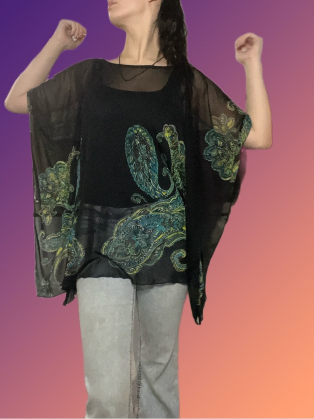 le chateau Black Sheer Top with Teal & Lime Trim